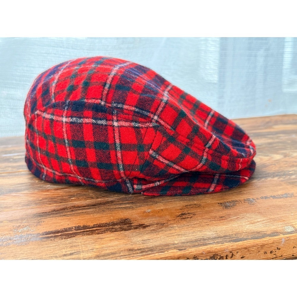 1960s 1970s Vintage Pendleton Red Tartan Plaid Wool Flat Cap‎ Hat Paperboy